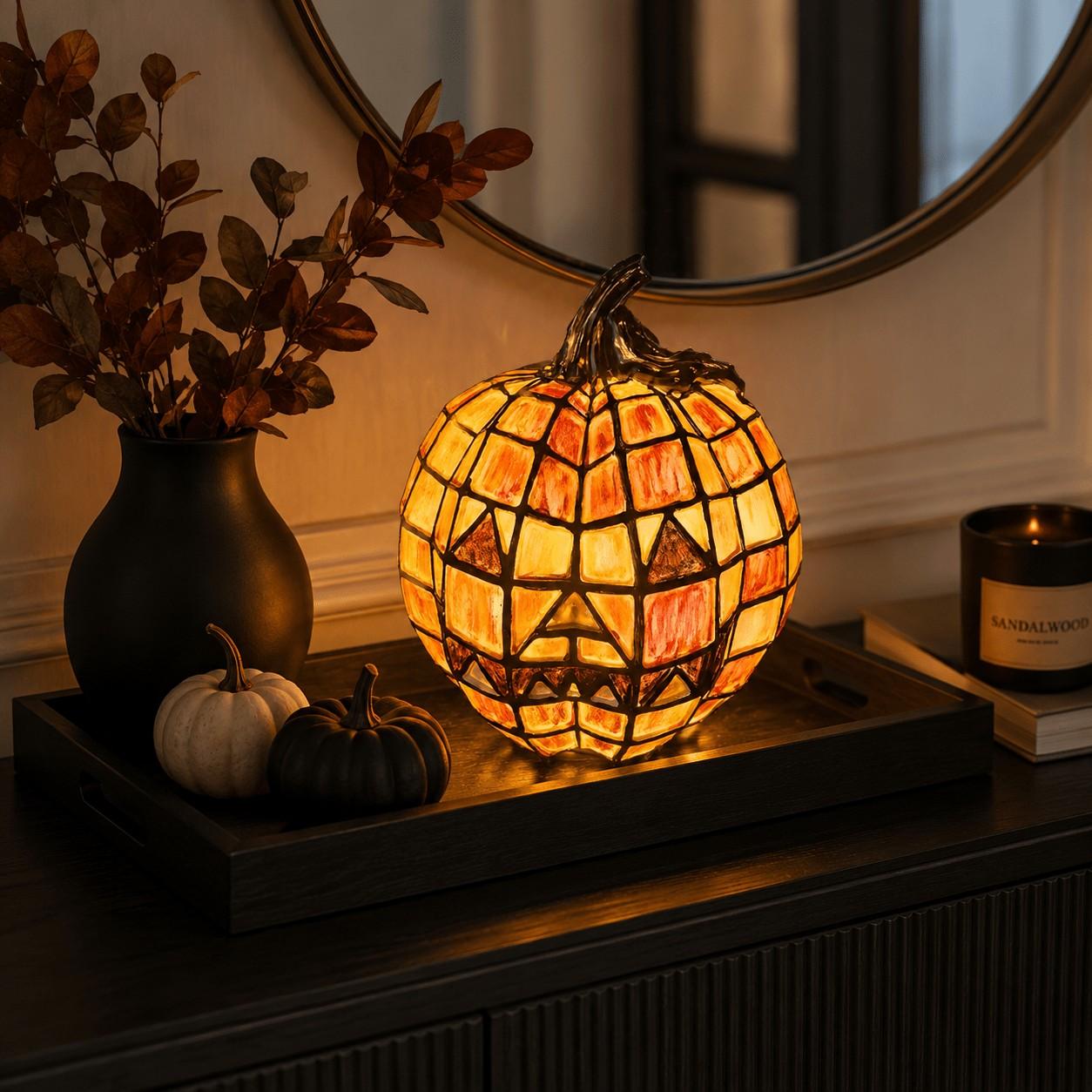 Mosaic Stained‑Glass Pumpkin Lamp Night Light, USB‑Powered Resin Halloween Pumpkin Light, Warm Glow Desktop Ornament, Home Decor for Fireplace & Tabletop in Fall and Thanksgiving, Holiday Gift, Wicked Ornament