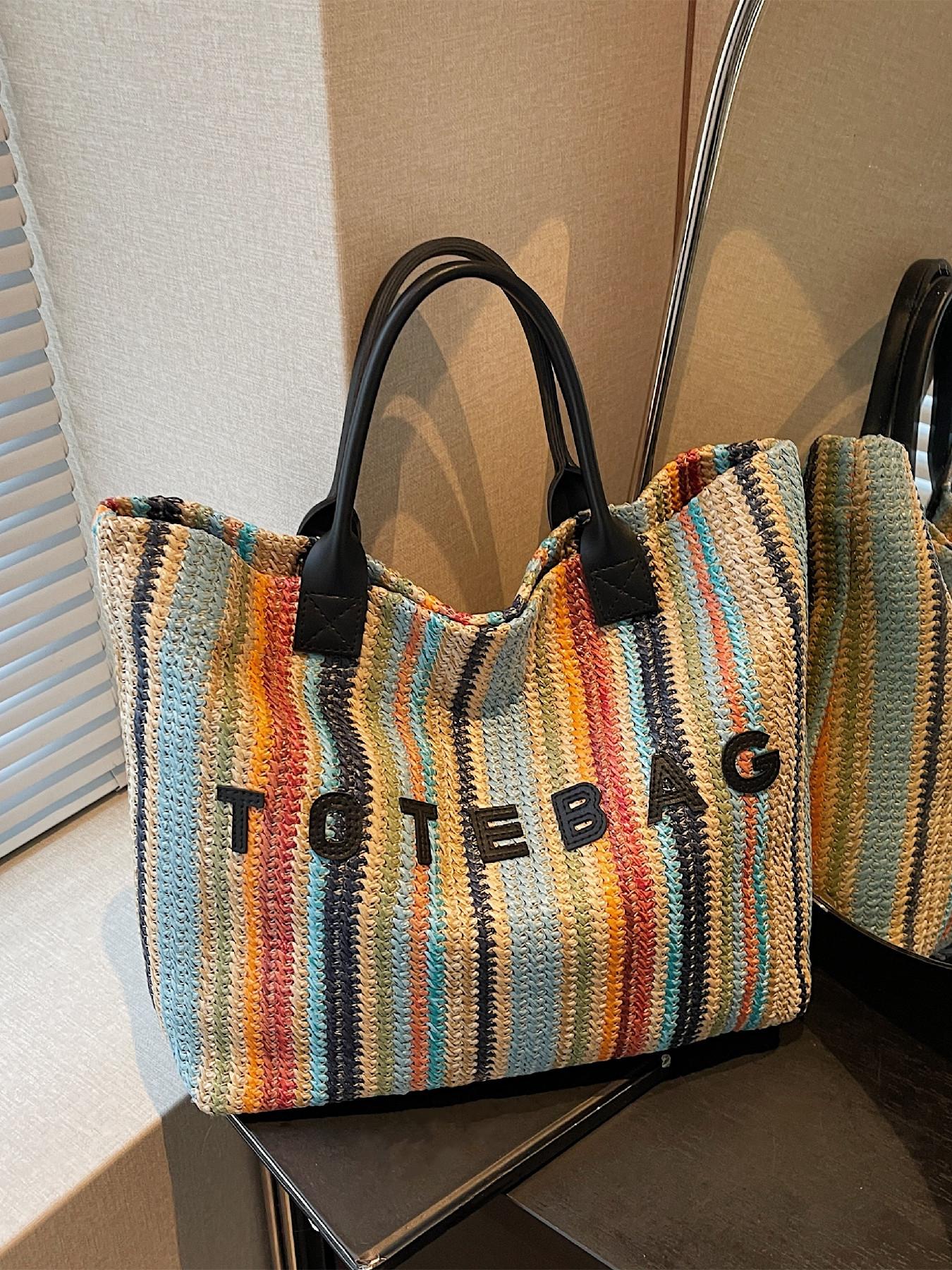 Simple Versatile Letter Decor Handwoven Straw Casual Tote Bag, Carry-Handle Design, Ideal for Daily Use, Beach Vacations, Outdoor Activities