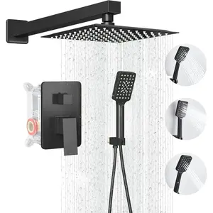 Shower  Matte Black, Shower Faucet Set Bathroom Shower System with 8 inch Square Rain Shower  Wall Mounted with 3-Setting Handheld , Rainfall Shower Combo Set