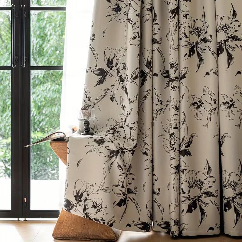 1pc New Traditional Ink Floral Drapes, High Light Blocking, Modern Style, Living Room Bedroom Privacy Decor Curtains, Single Piece