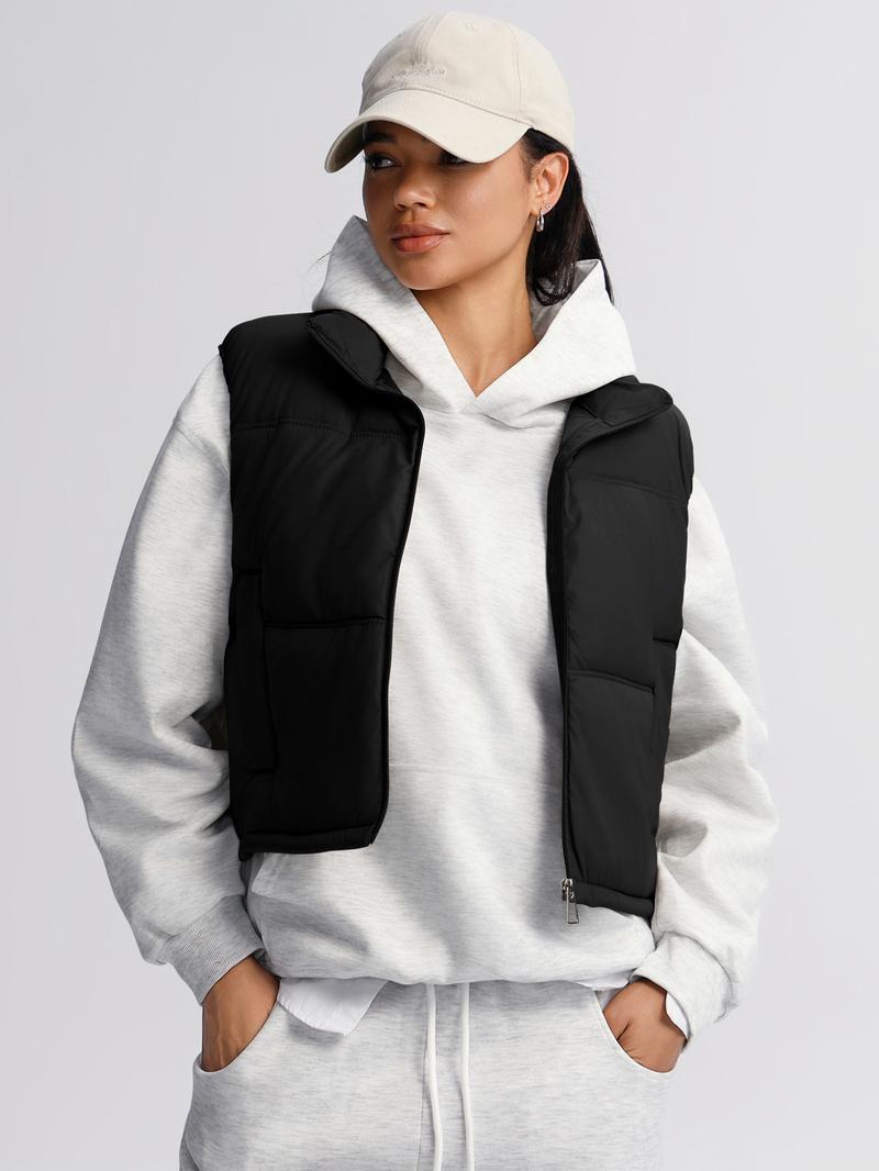 Women's Short Winter Warm Down Cotton Vest, Stand Collar Zip Design, Loose Fit Casual Fashion, Sporty Daily Wear