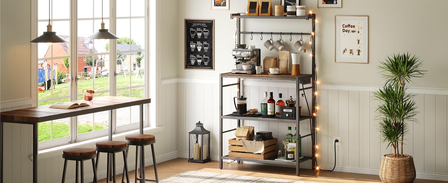 Rack with Power Outlet, Kitchen Storage Shelf with 6 Hooks, Microwave Stand with Storage, 4-Tier Coffee Bar Station, for Kitchen, Dining Room, Rustic Brown and Black BRHR351E01