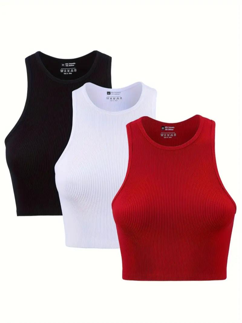 Women's Solid Round Neck Ribbed Sports Vest, Breathable Comfortable High Stretch Quick Drying Sports Tank Top, Gym Clothes, Gym Workout Tops, Ladies Sportswear for Indoor Outdoor Wear