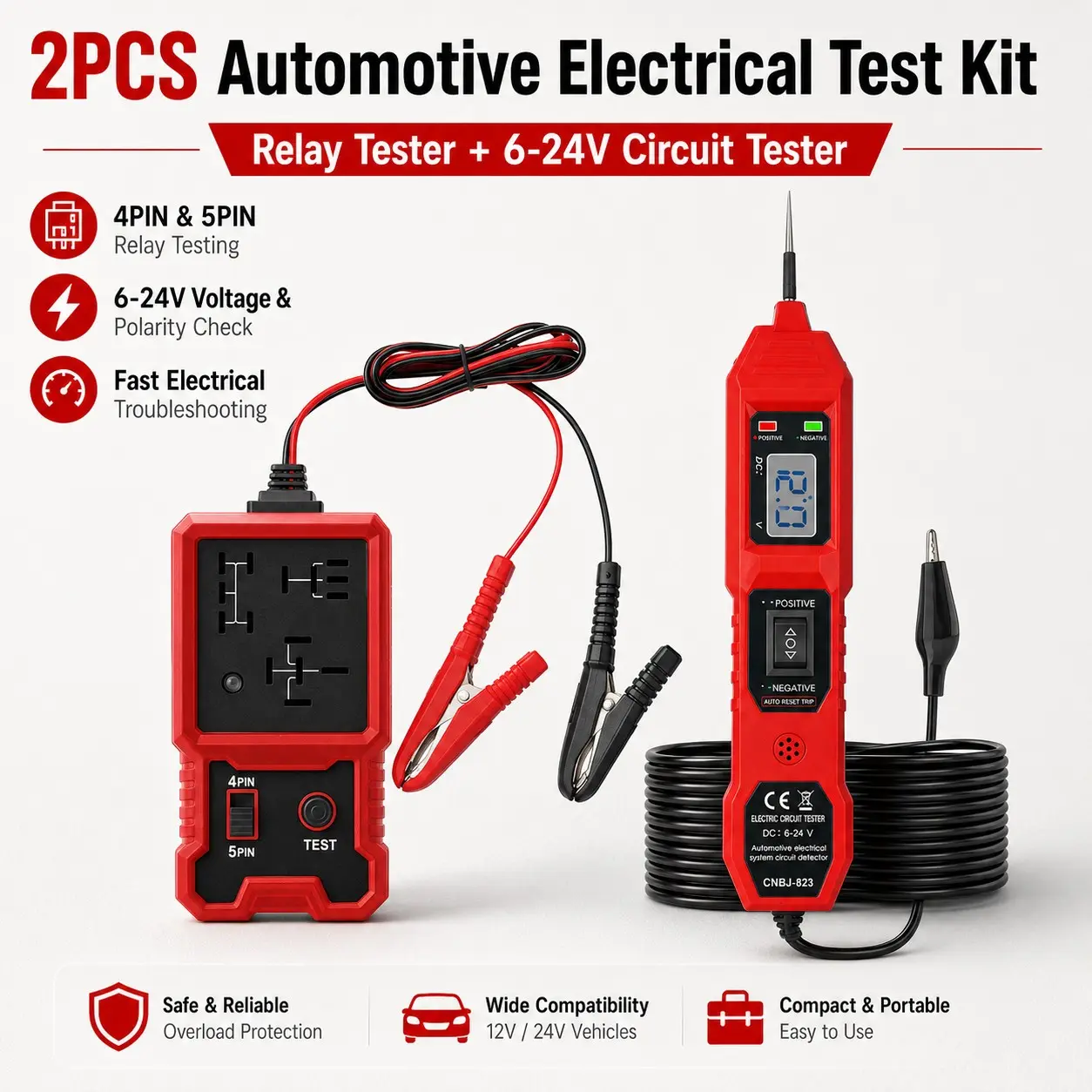 2-In-1 Automotive Electrical Test Kit, Relay Tester & 6v-24v Circuit Tester, Car Voltage Probe Tool, Battery Clips Included, Diagnostic Tool