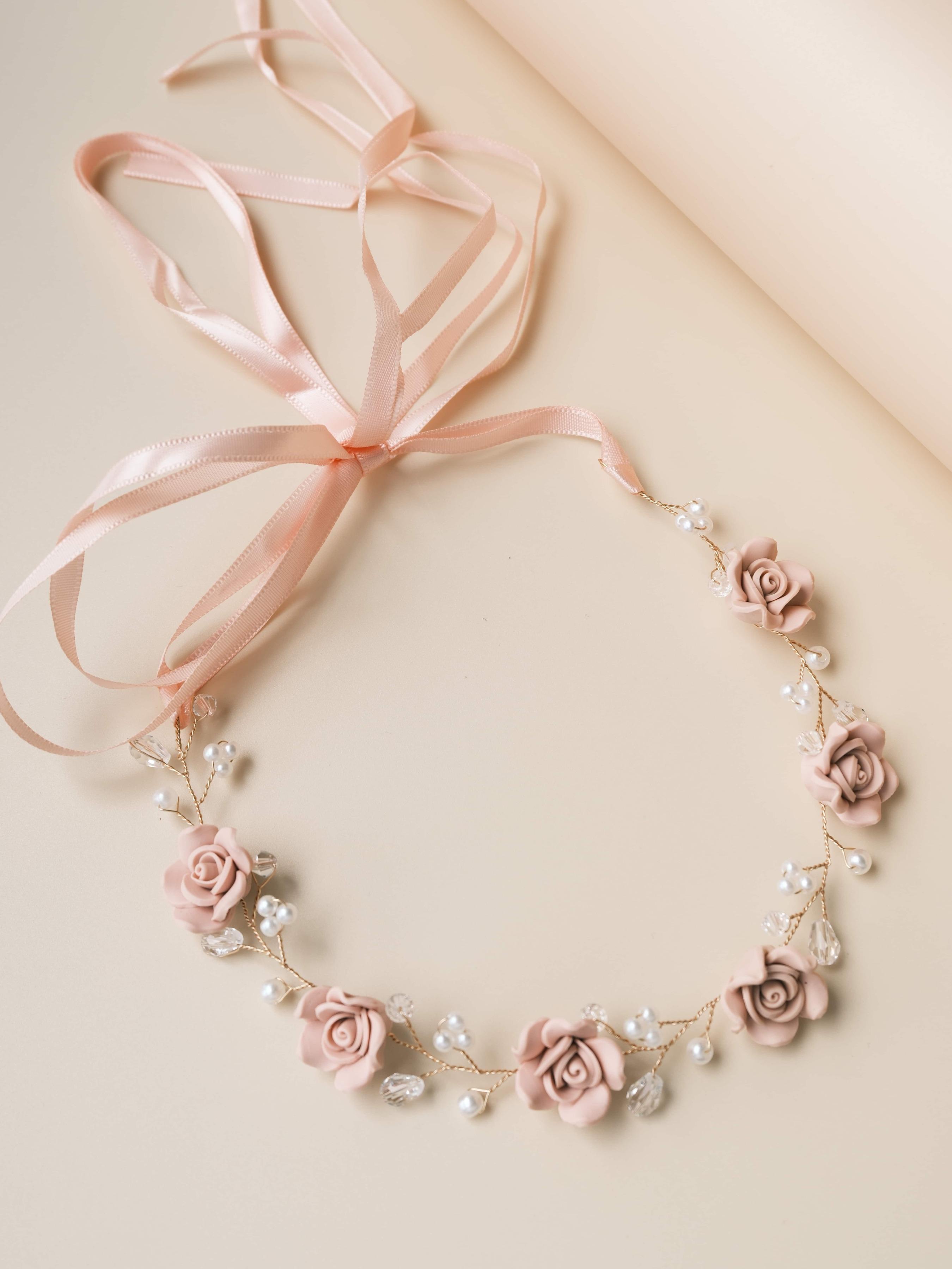 Elegant Rose Pearl Crystal Bridal Hair Vine, Handmade Soft Clay Wedding Headband with Ribbon Tie, Bohemian Romantic Hair Ring