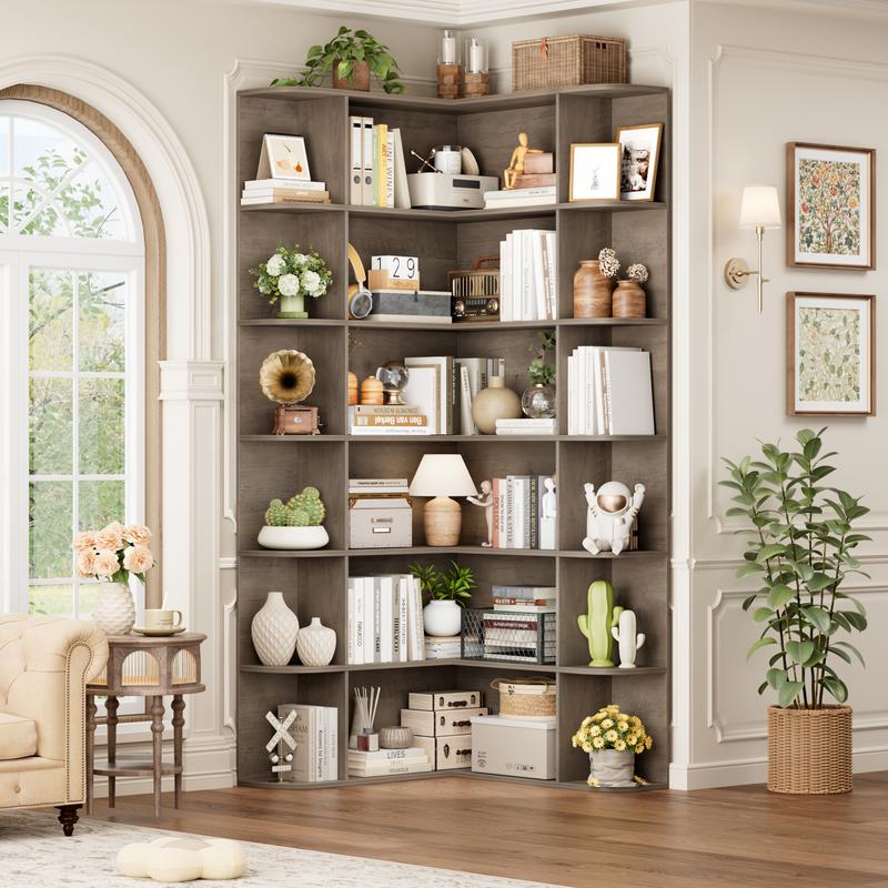 FOTOSOK 74'' Tall Corner Bookshelf, 6-Tier Bookshelf and Bookcase with Open Storage, L Shaped Tall Bookcases Wooden Storage Shelves for Home Office