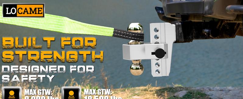 LOCAME Adjustable Trailer Hitch, Fits 2.5-Inch Receiver Only, 10-Inch Drop/Rise Aluminum Drop Hitch,18,500 LBS GTW-Tow Hitch for Heavy Duty Truck with Double Stainless Steel Locks, Silver, LC0009 LOCAME Adjustable Trailer Hitch, Fits 2.5-Inch Receiver Only, 10-Inch Drop/Rise Aluminum Drop Hitch,18,500 LBS GTW-Tow Hitch for Heavy Duty Truck with Double Stainless Steel Locks, Silver, LC0009