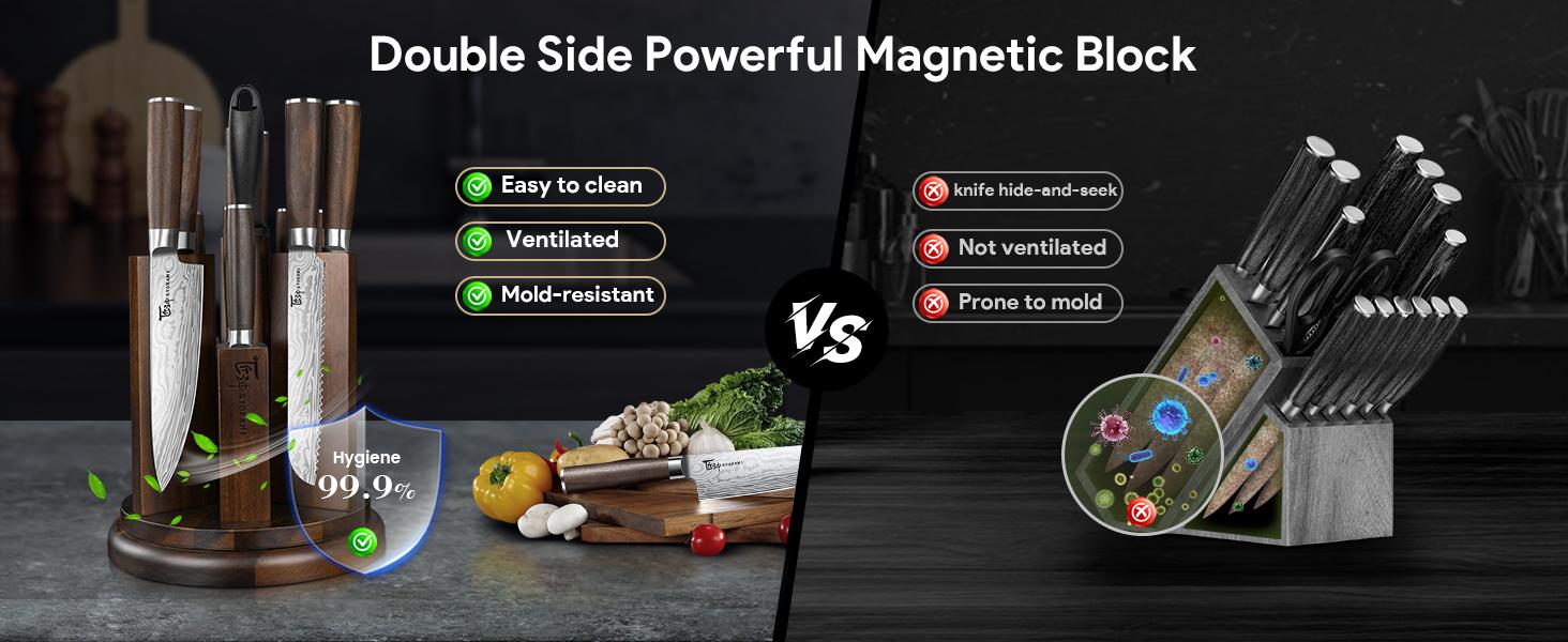 【TikTokShopSpringGlowUp】 SYOKAMI [UPDATE] Kitchen Knife Set with Magnetic Block and Sharpener 14 Piece Knife Set 360° Rotatable Holder Ultra Sharp High Carbon Stainless Steel Knives Sets with Steak Knives, Anti-slip Ergonomical Handle, Mother's Day Gift