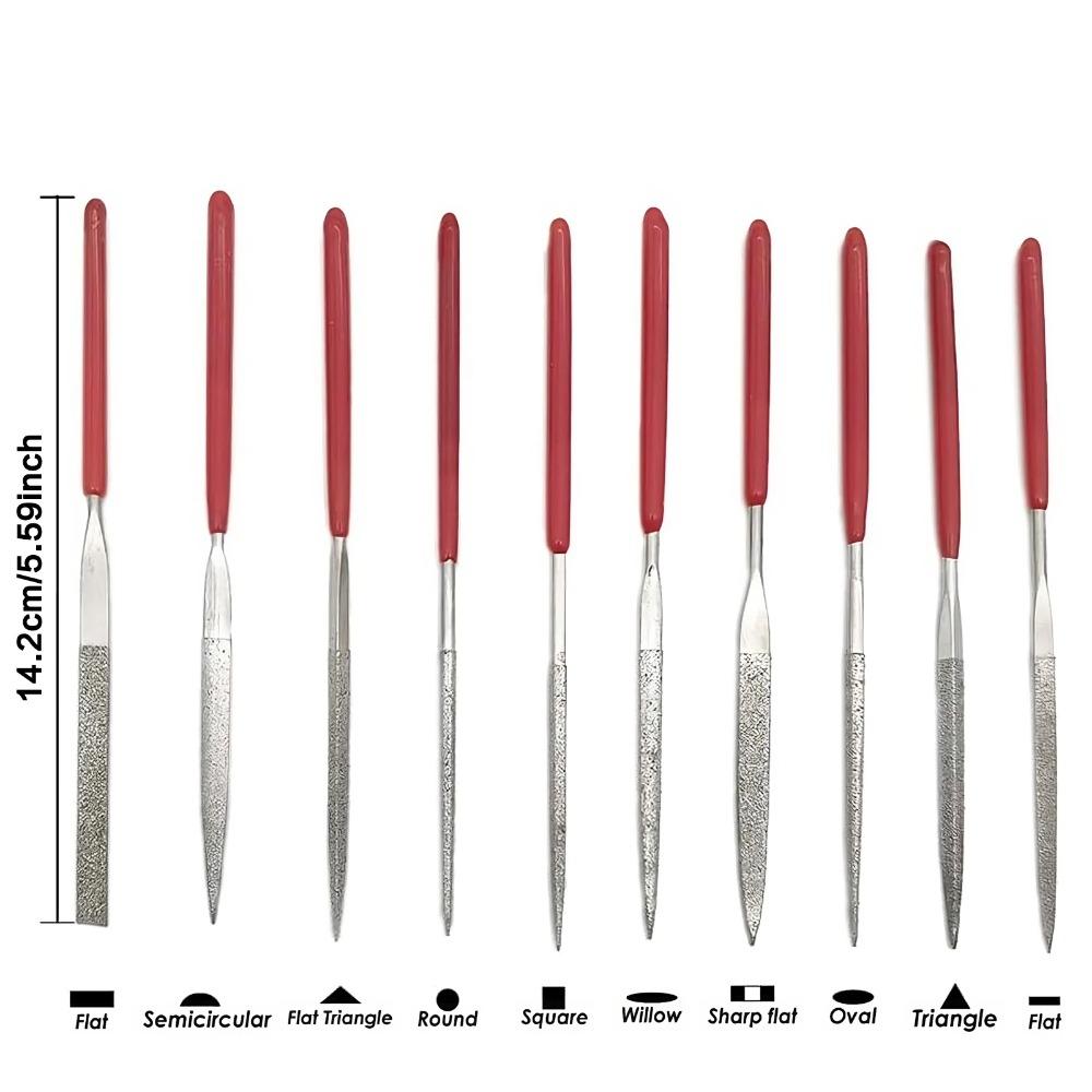 10pc Mini Diamond Needle File Set, Anti-Slip Handle Precision Grinding Tools for DIY Jewelry Making, Metal Glass Ceramic Wood Carving, Model Wax Sculpting, Nail Art & Craft Polishing & Shaping Kit