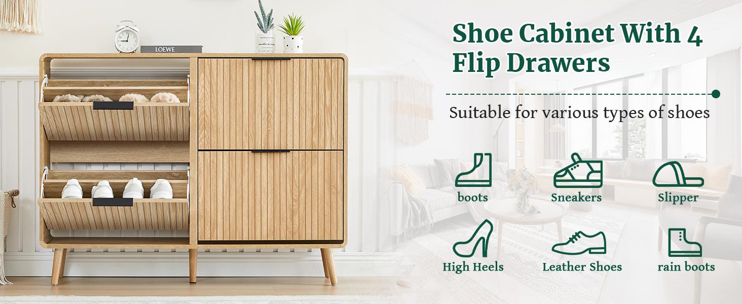 Giratree 47" Fluted Large Shoe Cabinet with 4 Flip Drawers, Slim Freestanding Shoe Cabinet Organizer, Narrow Shoes Storage Rack for Entryway, 5 Sturdy Legs