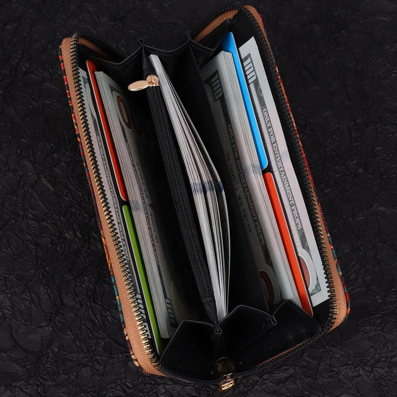 Women's PU Leather Retro Vibe Long Wallet Clutch - Long Length, Printed Design, Zip Closure, Antitheft Safe, Phone-Compatible, Travel-Ready Card Holder
