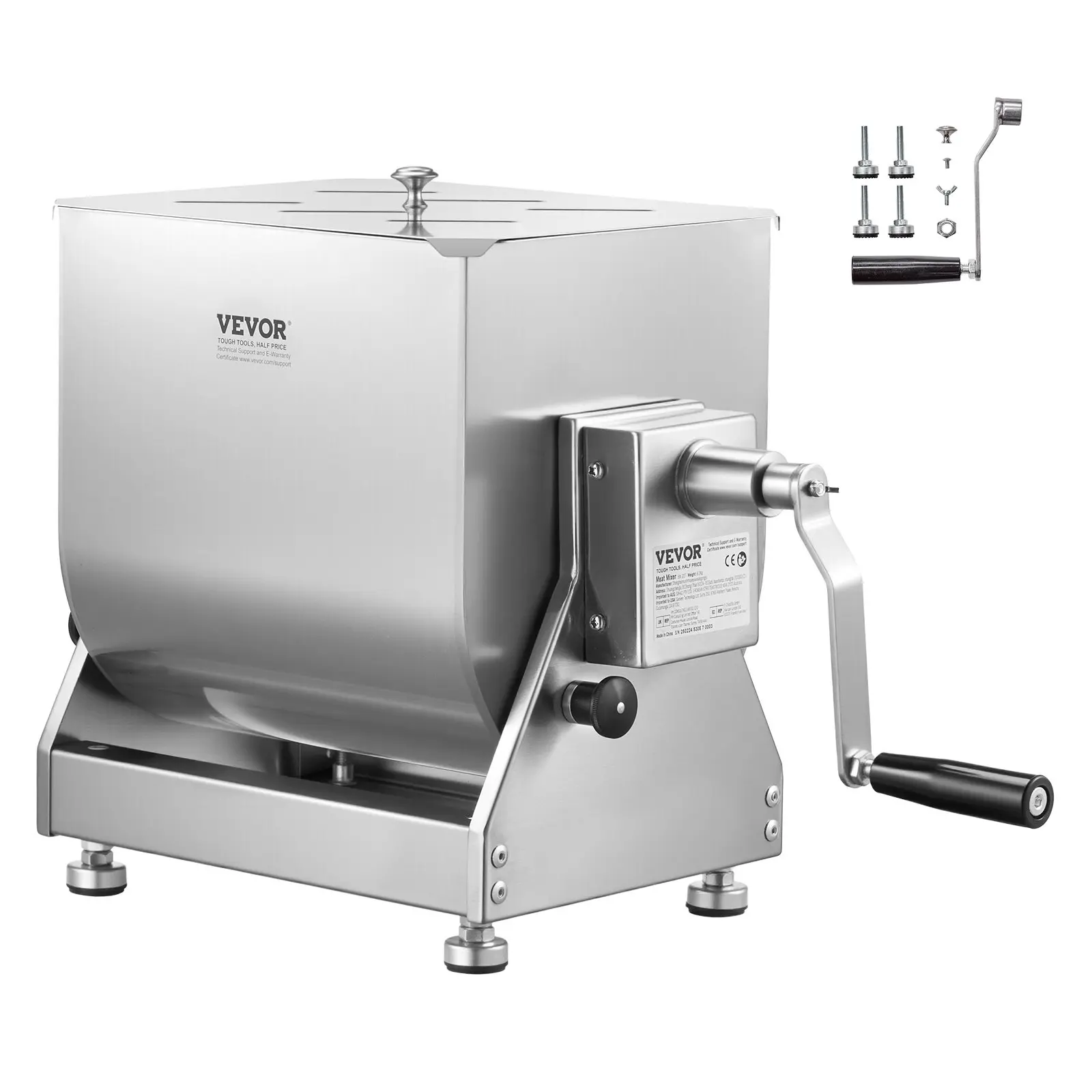 VEVOR Manual Meat Mixer, 30L Tilt Tank Meat Processing Equipment(Mixing Max 30LBS for Meat), Stainless Steel Meat Mixer, Sausage Mixer Machine with Lid Handle Gear Reducer, Ground Beef Hand Mixer