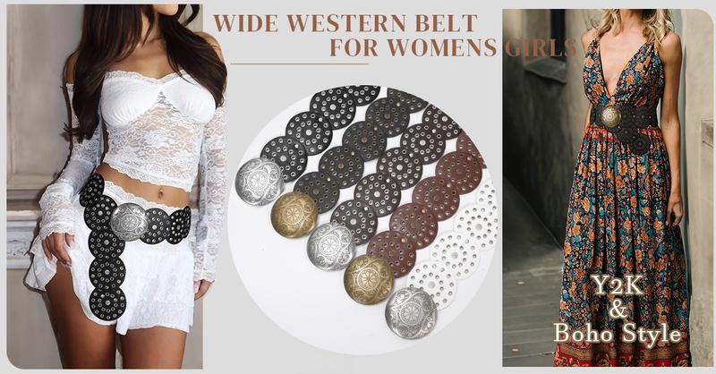 JASGOOD Women Western Concho Belts Wide Hollow Disc Leather Belt Cowgirl Boho Belt for Jeans Dresses with Metal Buckle Halloween