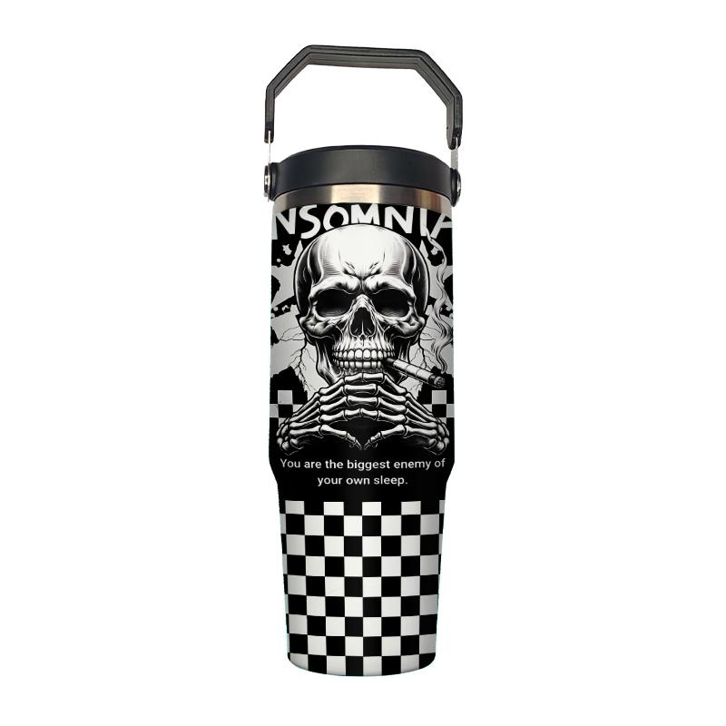 Loyr 30oz Insulated Travel Mug, Skull Design Stainless Steel Leak-Proof Straw Cup, Large Capacity Portable Cup for Commute Outdoor Use, Perfect Gift
