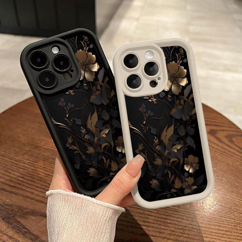 TPU IPhone Case for iPhone 15 14 Plus 17 16 Pro Max 14 13 12 11 XS  Black And Gold Flowers Pattern Drop Protection Shockproof Soft Silicone Smartphone Cover iPhone case