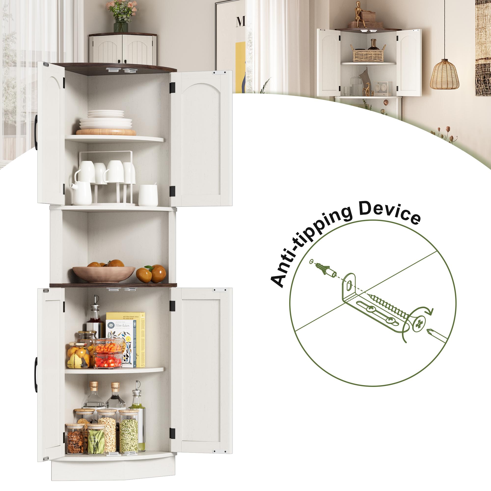 PieDle Furniture Tall Bohemian Rattan Corner Storage Cabinet - 4 Doors, 5 Shelves, 64.7" Height, Ideal for Living Room, Kitchen, Bathroom & Office Organization