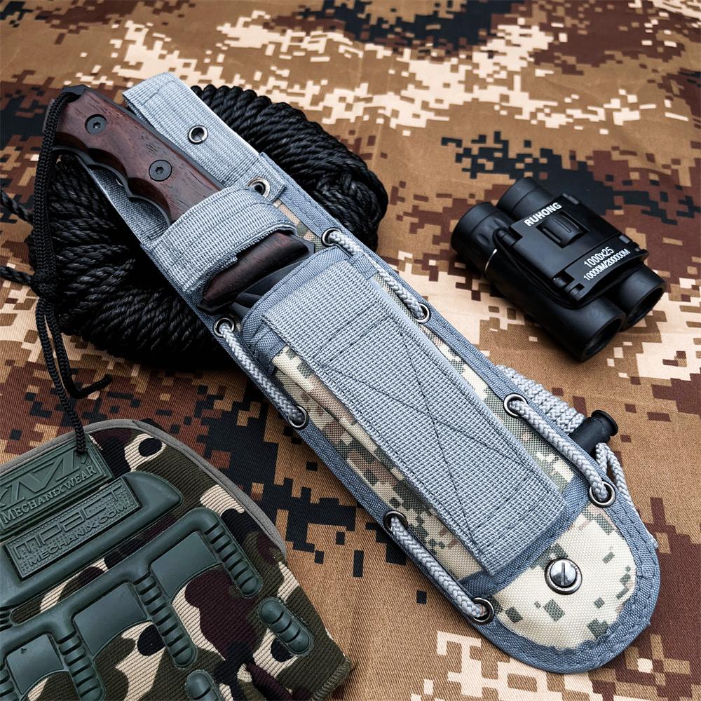 Outdoor multi-functional tactical survival straight knife, ergonomic chickenwood handle, high-hardness black-coated 7Cr13Mov blade, camouflage nylon sheath, suitable for jungle exploration, camping hiking, wilderness survival, Survival Gear