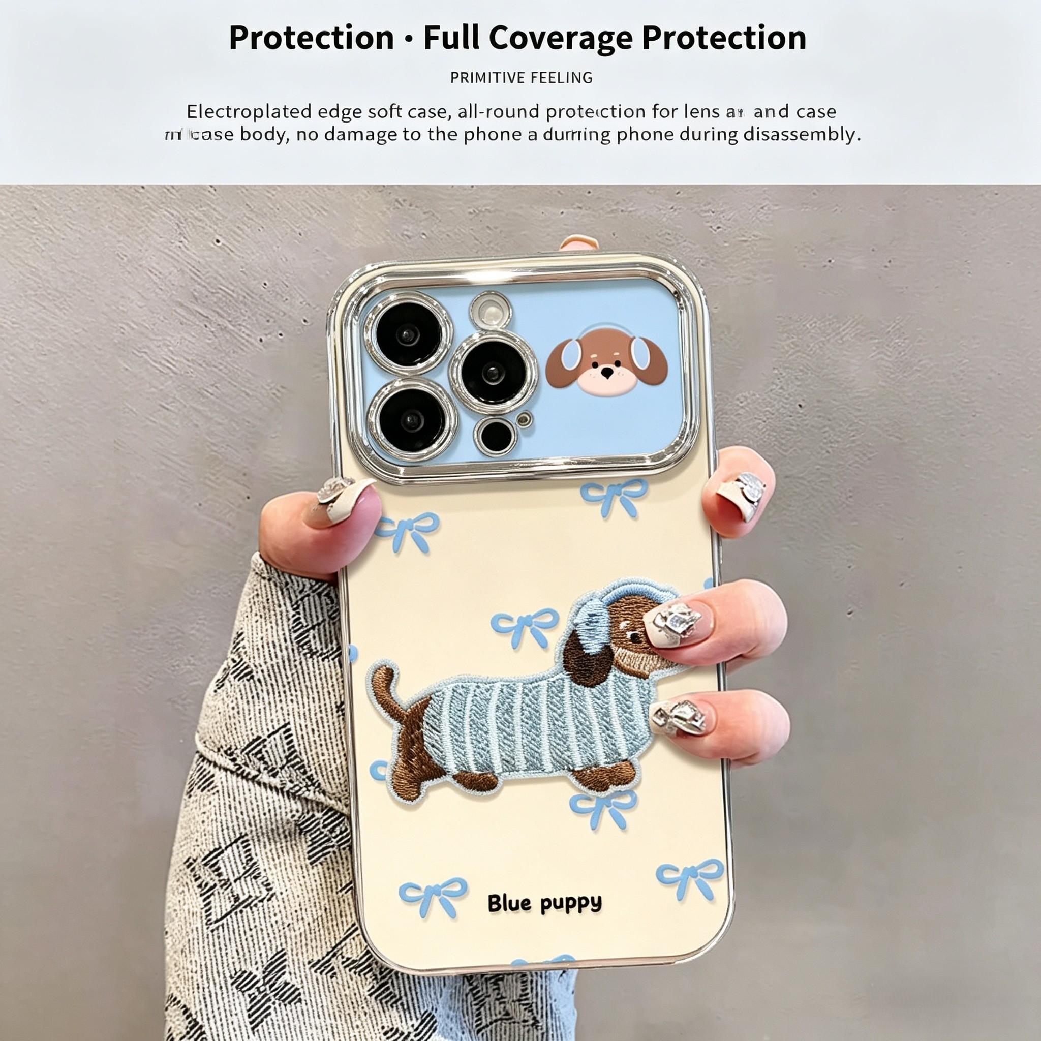 Cute Embroidered Dachshund Phone Case for iPhone 17 Pro Max/17 Pro/17 Air/17, Electroplated Silicone Shockproof Cover with Bling Wrist Strap, Blue Puppy Bowknot Design Protective Case for Women Girls