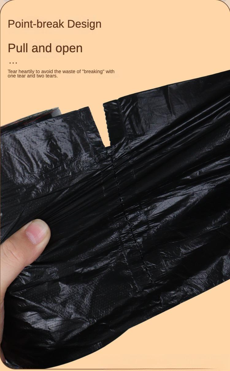 120 Drawstring Garbage Bags. Suitable for home use in the living room, kitchen, toilet, and courtyard. These are thickened and weighted, handheld large-sized garbage bags with an automatic drawstring closure. They are black plastic bags for household
