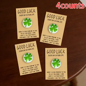 Glass Lucky Clover Hug Cards Set, Positive Message Card, Round Mini Transparent Glass Four-Leaf Clover Figurines, Good Luck Gift for Friends and Family