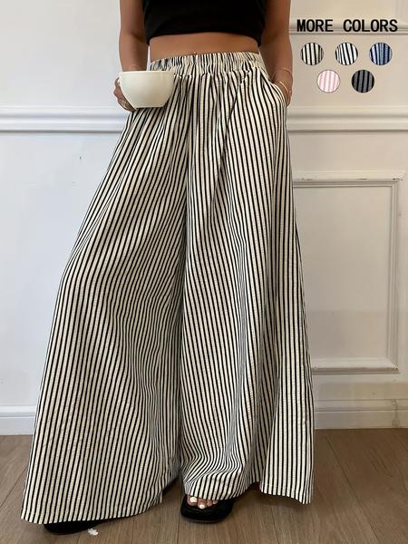 Women's Vertical Striped Casual Elastic Waist Wide Leg Striped Pants