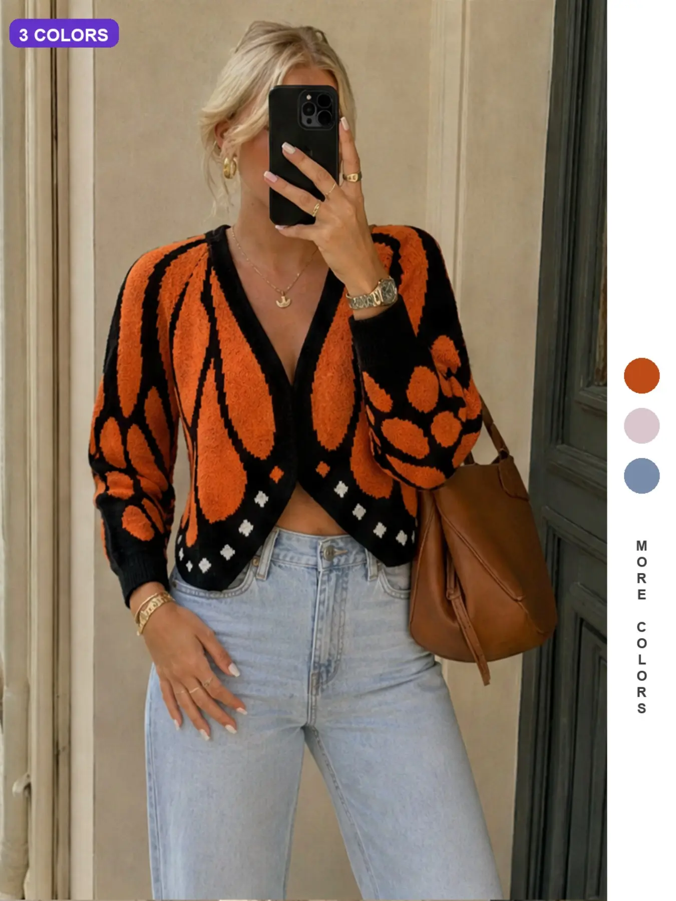 Women Butterfly Jacquard Knit Cardigan, Open Front No Button Cropped Long Sleeve Sweater, Vintage Contrast Color V Neck Loose Fall Outerwear Knitwear