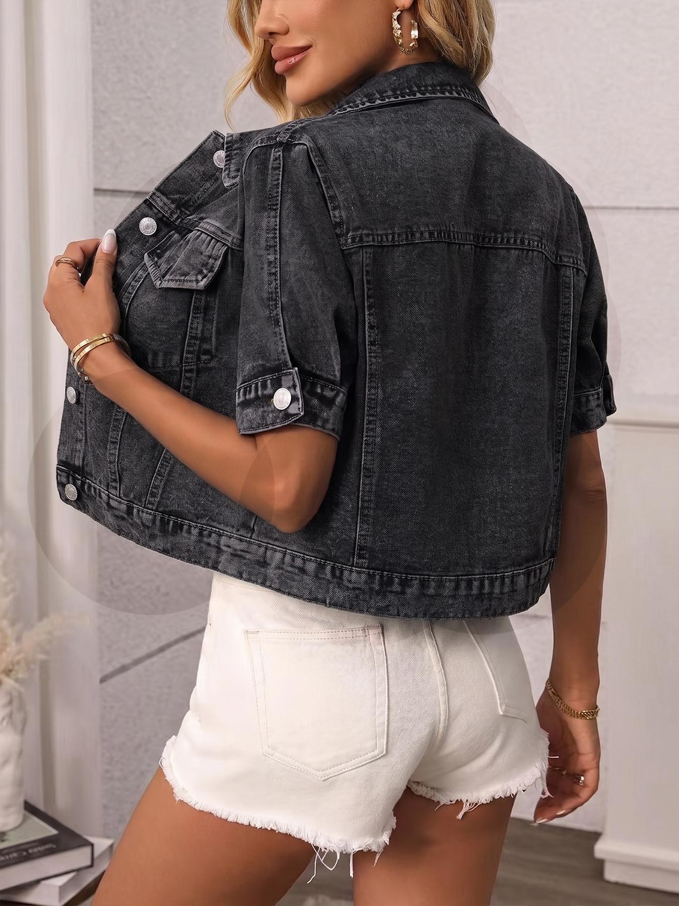 Women's Classic Short Sleeve Denim Jacket, Casual Single Button Short Denim Collar Top, Summer Outerwear, Loose-Fitting