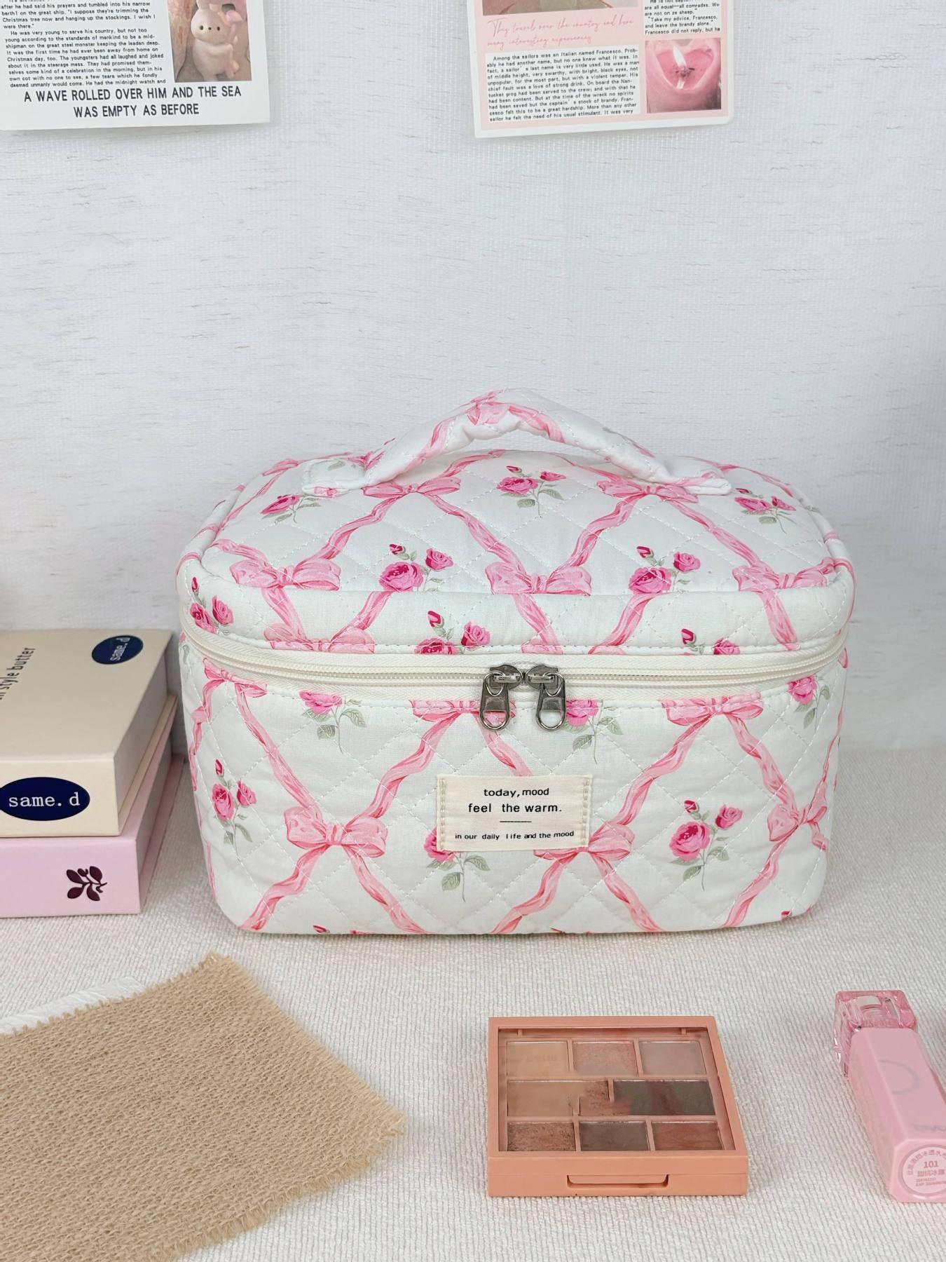 Pink rose bow quilted cosmetic bag set, multi-size cosmetic bag, suitable for daily and travel storage