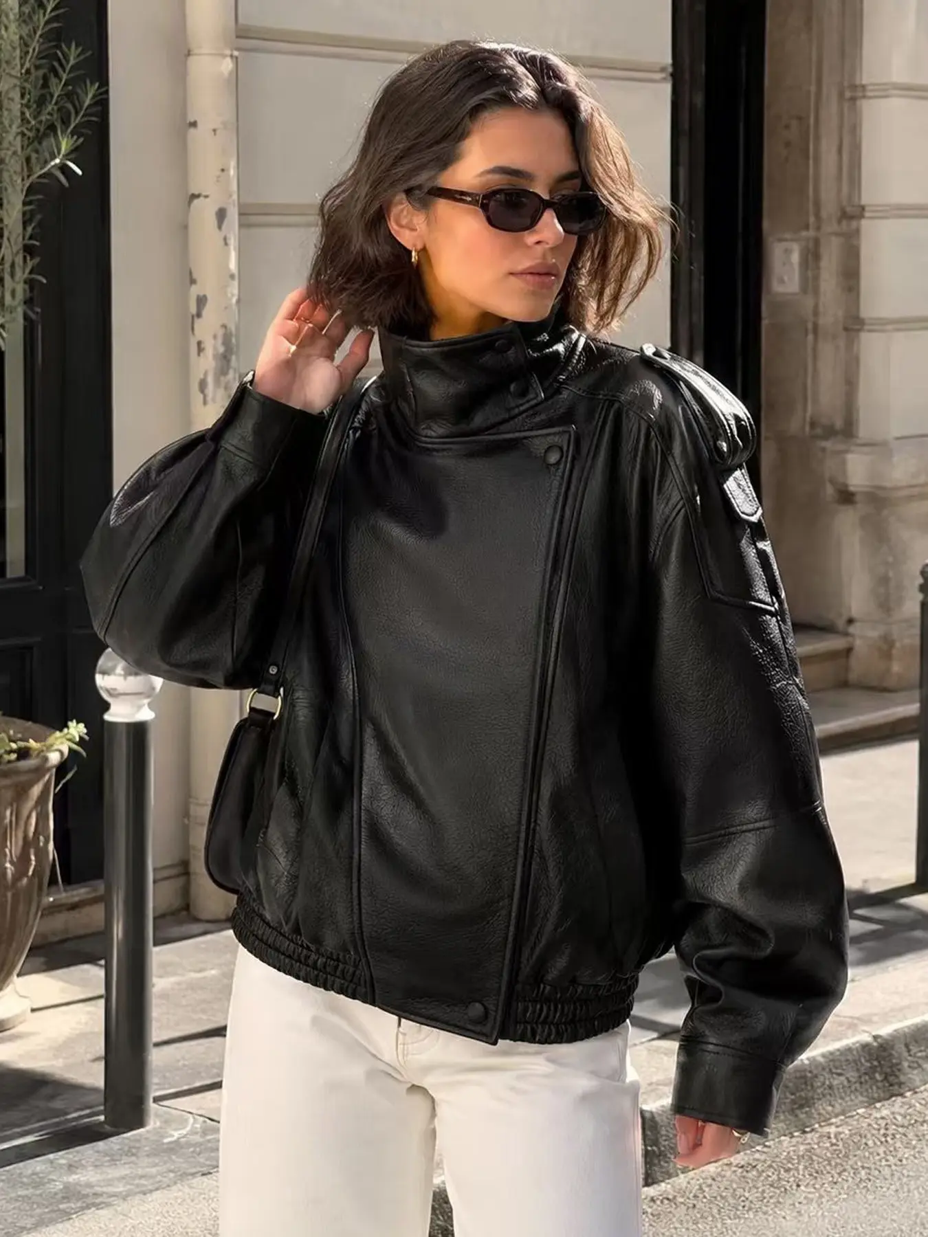 Bomb Jacket Black Faux Leather Jacket Stand Collar Oversized Moto Biker Jacket Elastic Hem Streetwear Casual Long Sleeve Waterproof Windproof Fashion Casual Outerwear for Spring & Fall, Ladies Clothes for Daily Wear