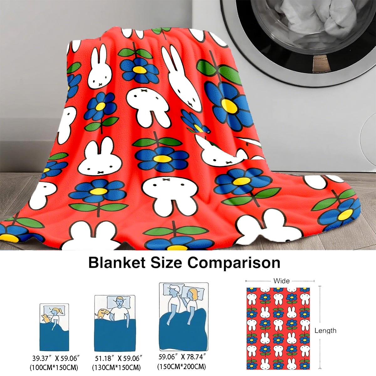 Miffy Rabbit Floral Flannel Cozy Blanket, Soft Lightweight Warm, 100% Fiber, Perfect for Bed Sofa Office Camping Travel Gift