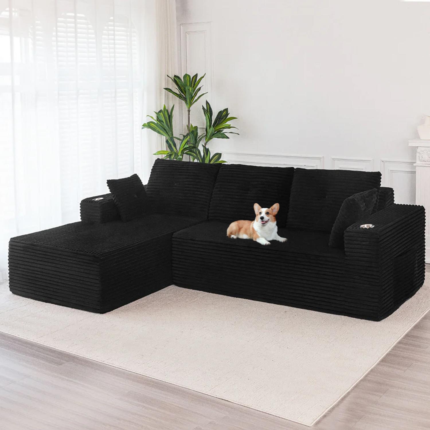 MAXYOYO Titan L-Shaped Sofa, 104" Sectional Boneless Sofa, Corduroy Cloud Modular Couch, 104"*65"*31.5", 2 Cupholders Design, Cozy for Living Room or Apartment