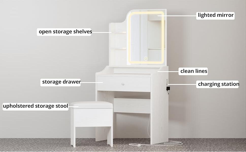 LIKIMIO Small Makeup Vanity Desk with Mirror and Lights, Vanity Table Set with Storage Drawer, Chair and Three Shelves, Bedroom LIKIMIO Small Makeup Vanity Desk with Mirror and Lights, Vanity Table Set with Storage Drawer, Chair and Three Shelves, Bedroom