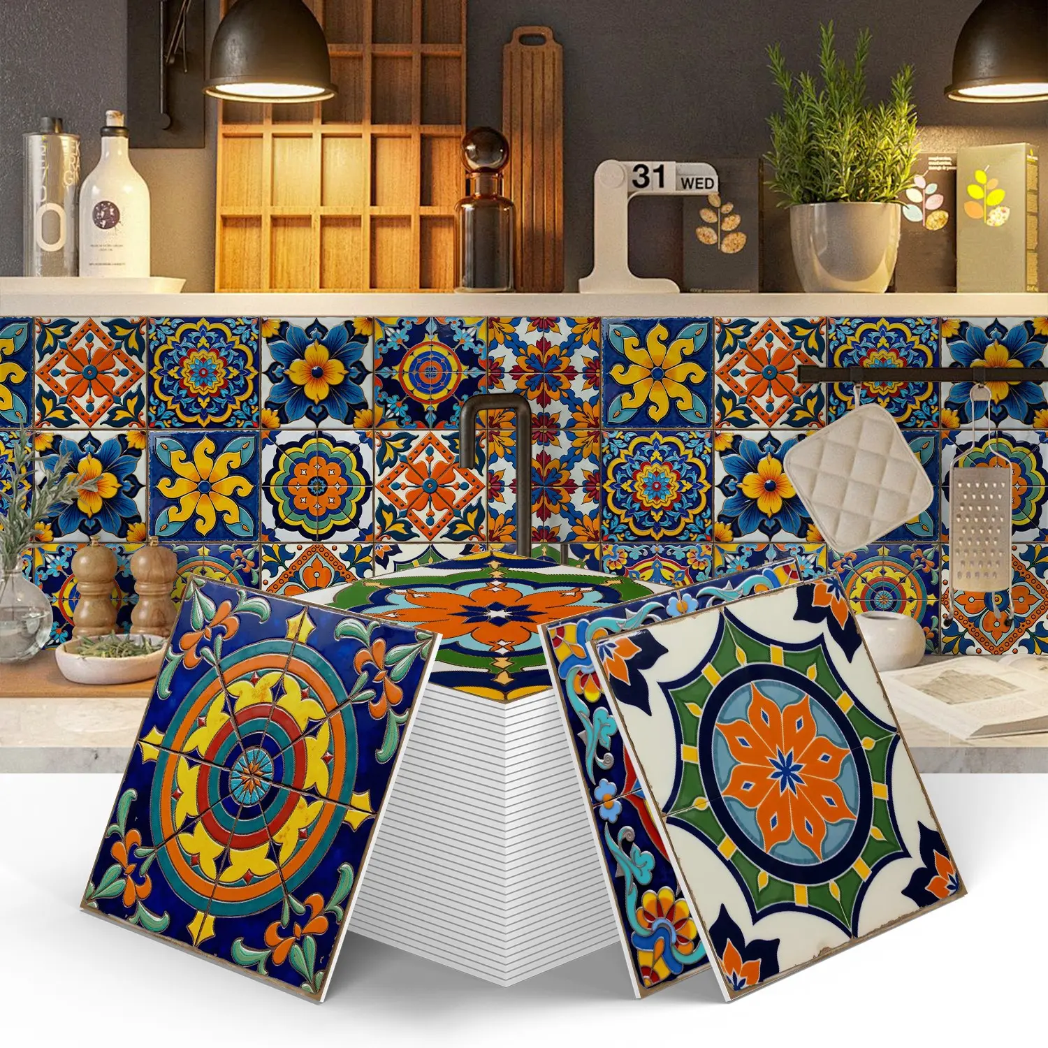12/24PCS ART PE Crystal Tile Stickers Gift Box, Mexican Talavera Vintage Square Tile Decals. Peel and stick backsplash, DIY waterproof & oilproof, suitable for kitchen, bathroom, floor, tile and wood surfaces home decoration.