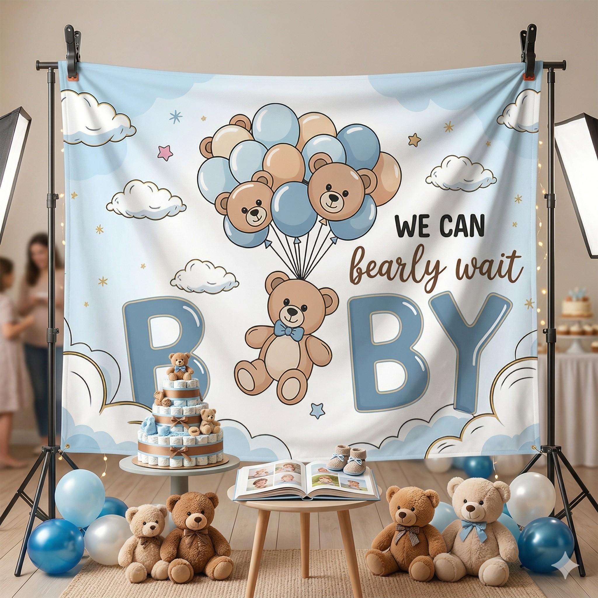 2D Flat, 1pc Adorable Bear & Balloon Shower "We Can Barely Wait"  Banner - Cute Bear Cub with Balloons Wall Decor, Party Background, Clear HD Print Polyester banner