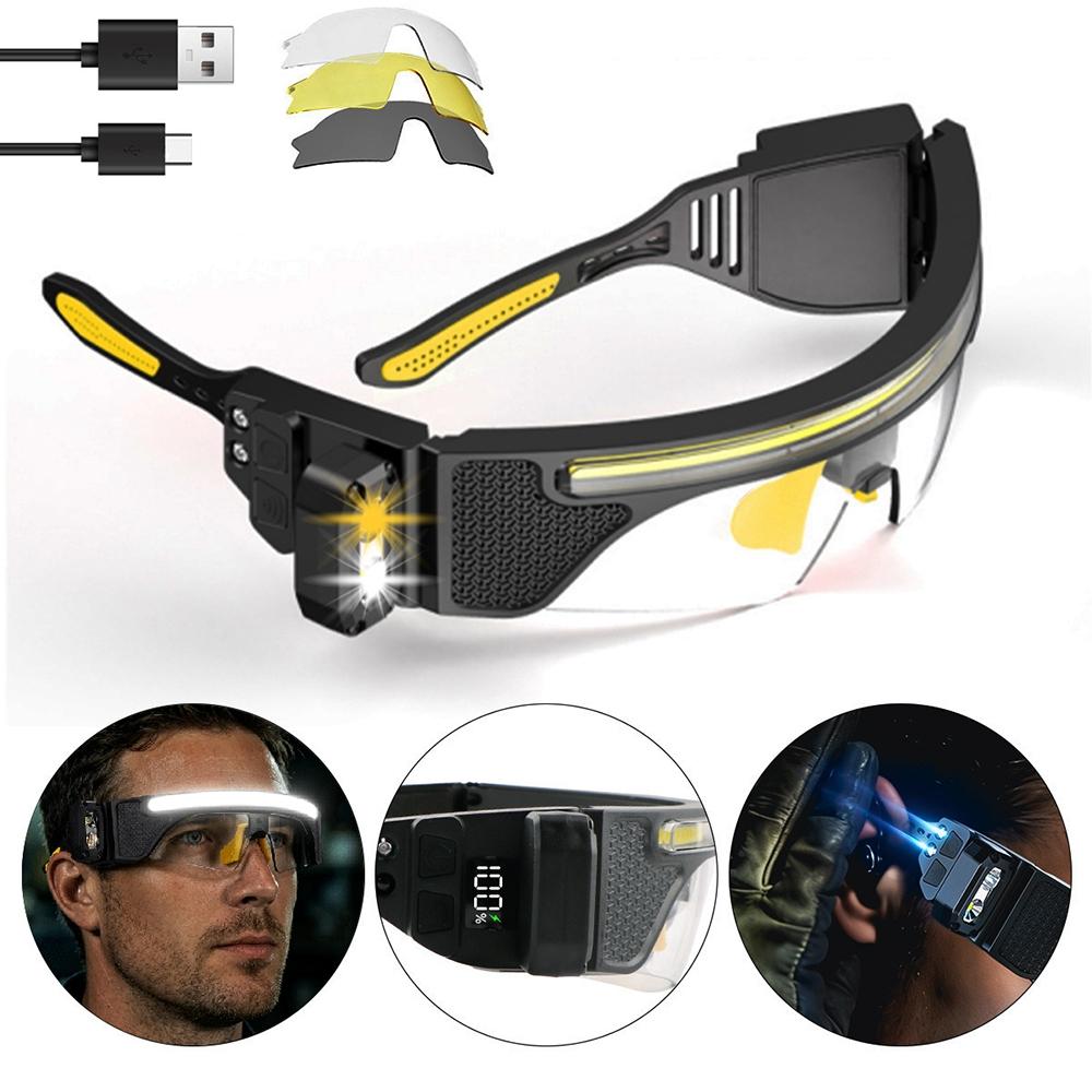 1PC LED Rechargeable Headlight Glasses With 3 color lenses– Motion Sensor & Touch Control 8 Modes, USB-C Light Up Eyewear Waterproof for Running Camping Fishing Cycling Hiking Outdoor Sports Glasses