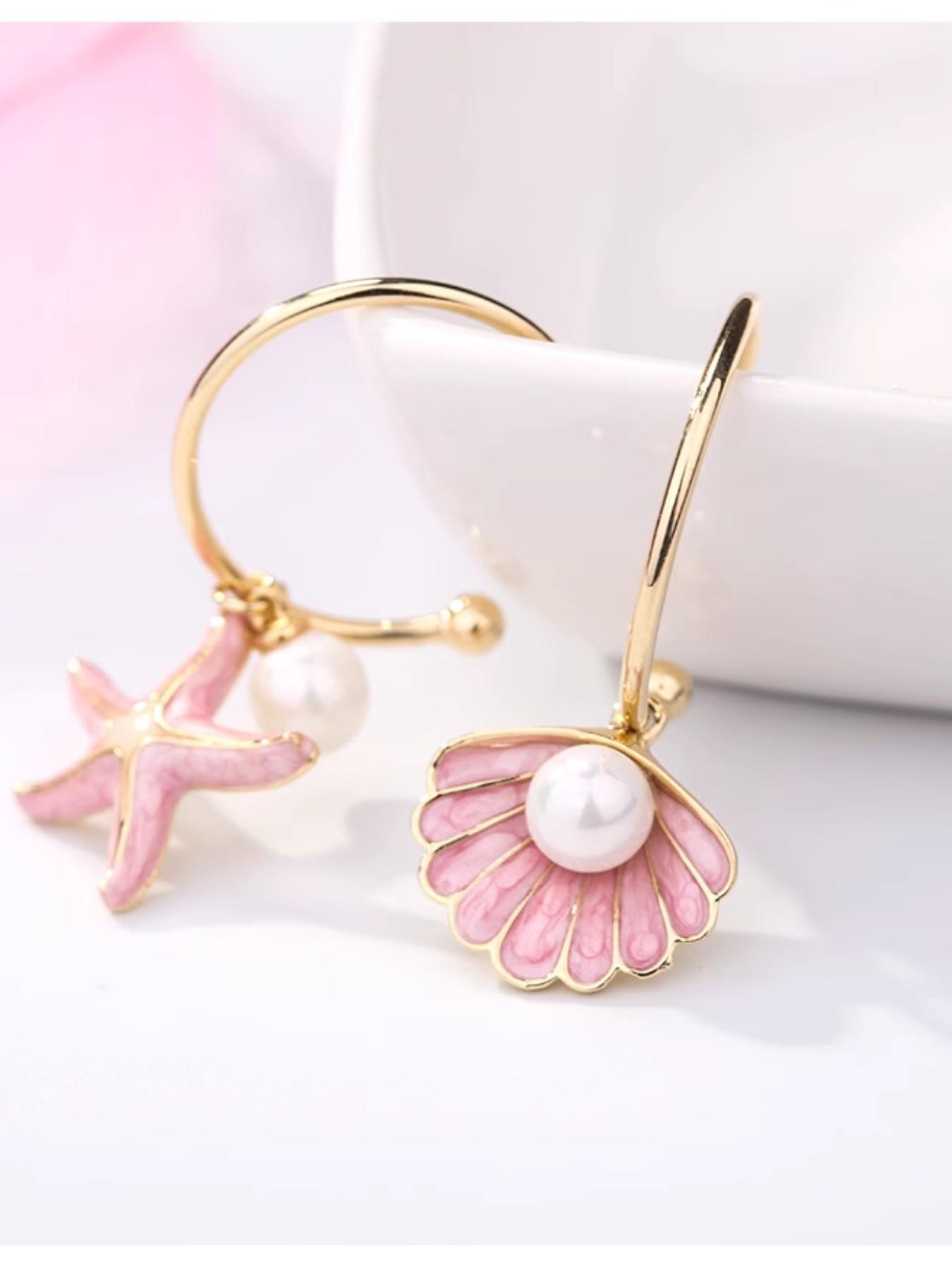 Asymmetrical Shell & Starfish Pearl Earrings for Women – Lightweight Ocean Style Drop Earrings Pearl Embellished High Quality Earrings