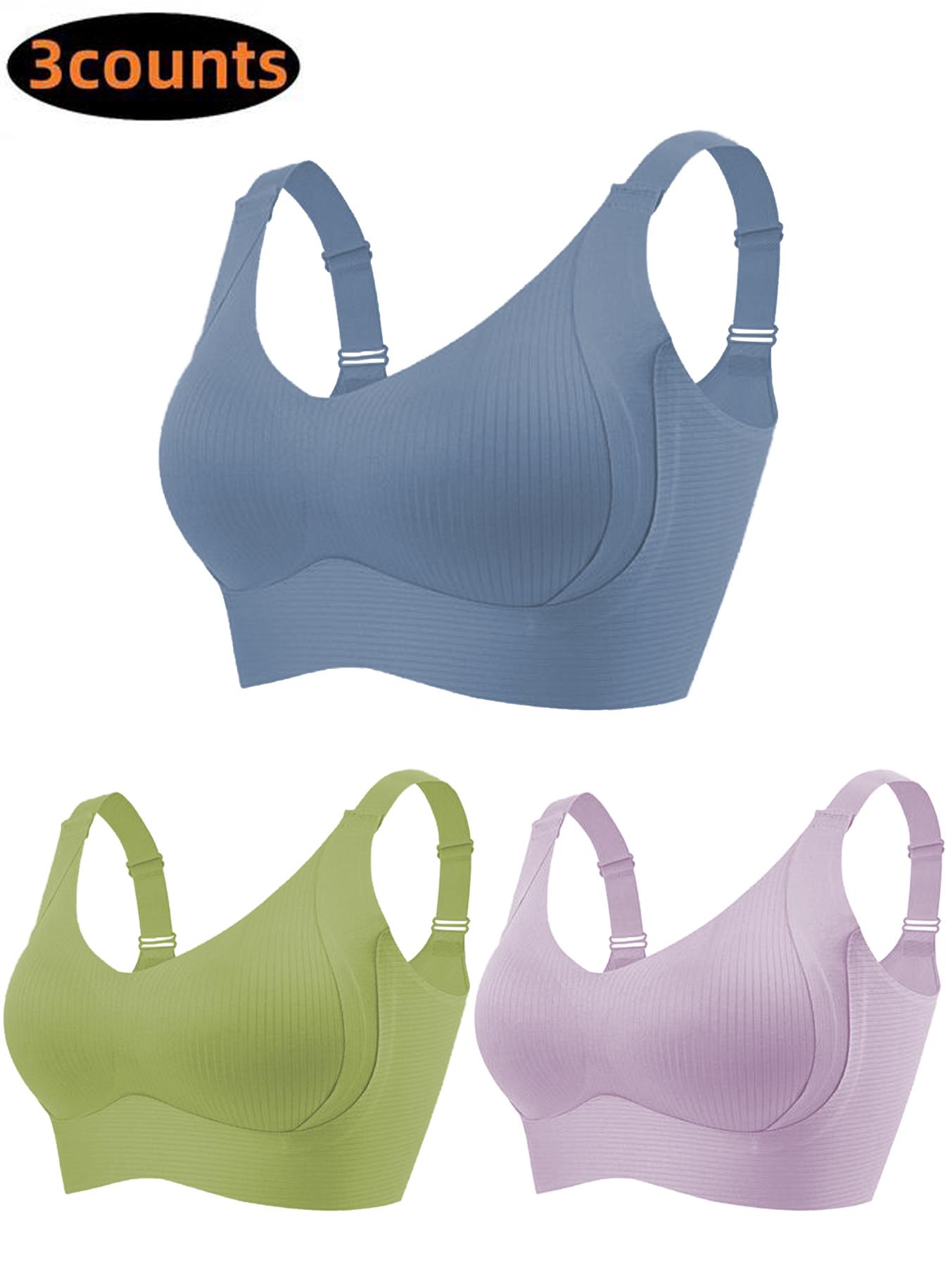 Women's Seamless Wireless Bra, Adjustable Wide Shoulder Straps, Comfortable Breathable Daily Wear, Ribbed Stripe Design