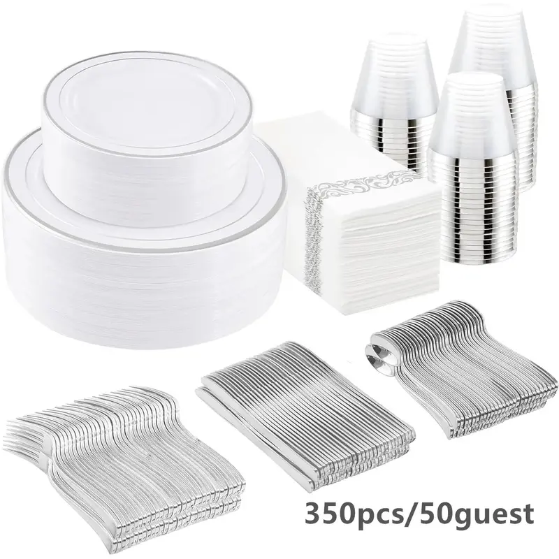 Sohochic BPA-Free Heavy-Duty 350Pcs Silver Plastic Dinnerware Full Set for 50 Guests - Elegant Plastic Plates, Paper Napkins, Cups, Silverware - Party Disposable Tableware for Weddings