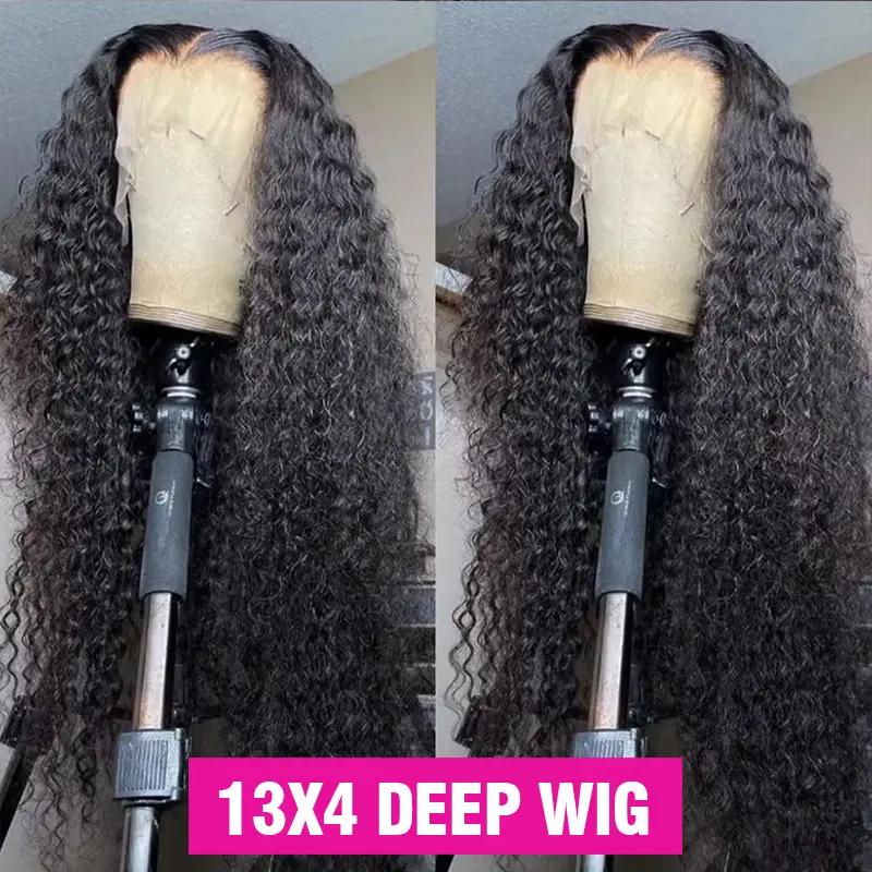 34Inch 200% Density Deep Wave Lace Front Wigs Human Hair 13x4 HD Lace Front Wigs Blended Hair Jerry Curly Glueless Lace Wigs Pre Plcked 13x6 Deep Part Curly Lace Frontal Wig For Women With Baby Hair Wet And Wavy Wig Natural Black Color