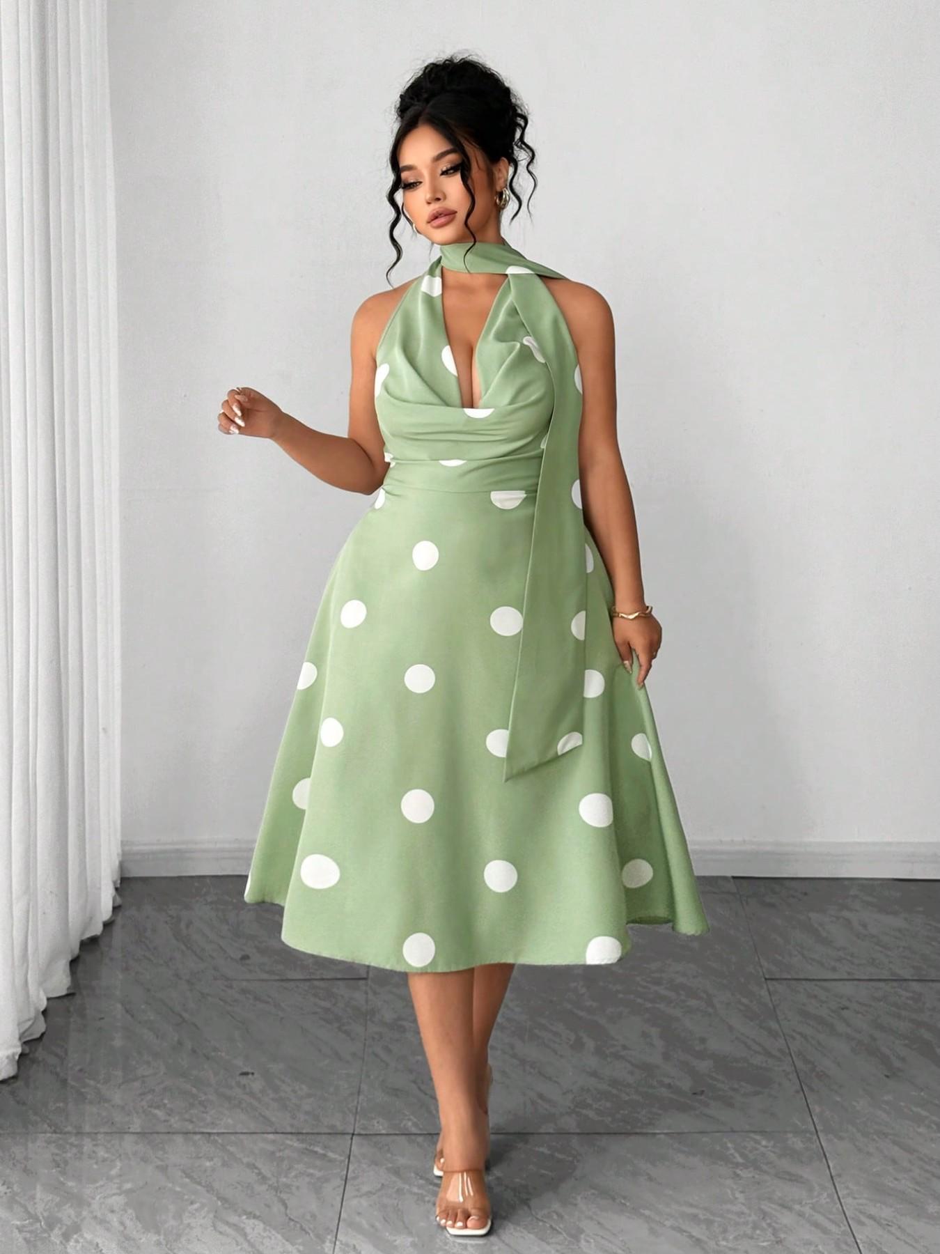 Plus Size Retro Polka Dot Halter Dress, Hepburn Style Waist Cinch Slimming Midi A-Line Dress, Vintage Fashion Women's Clothing, Casual Wear