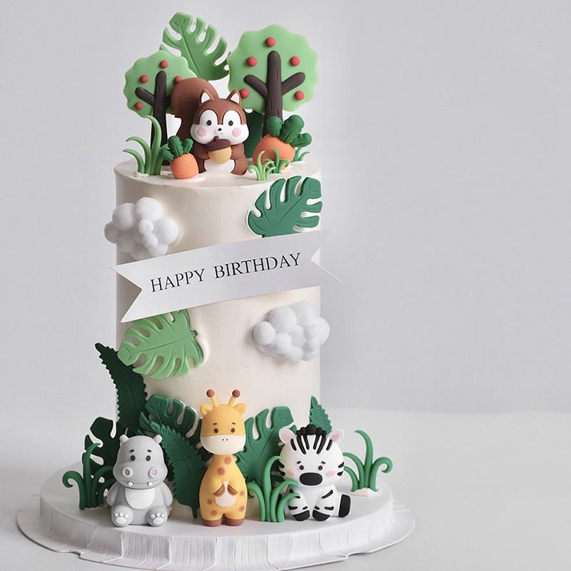 Animal System Forest Theme Kids Boy Birthday Cake Decorations, Cartoon Animals Zebra Hippo Squirrel Monkey Rabbit Elephant Baby Birthday Insert, Home Ornament