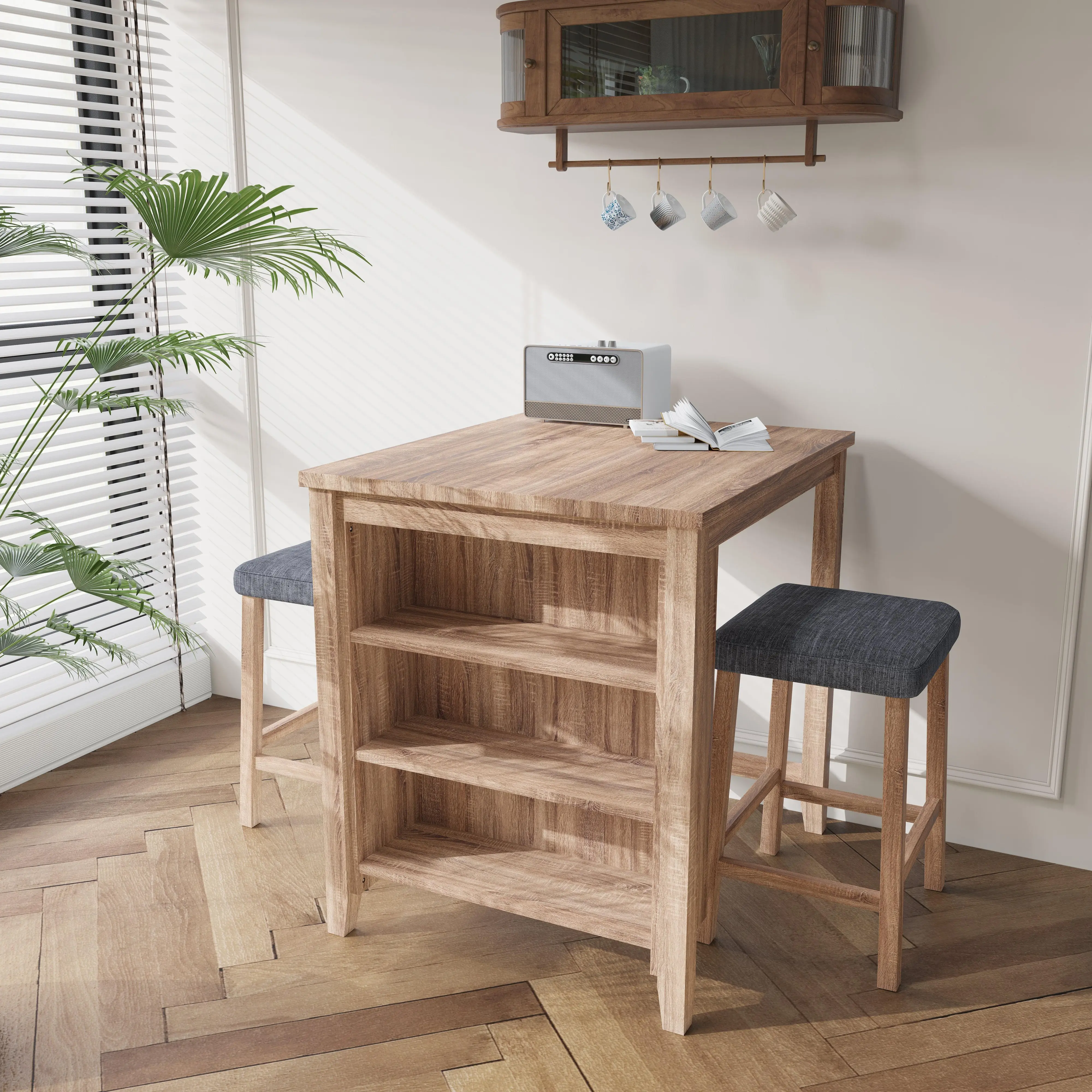 3-Piece Counter Height Dining Table Set with 2 Linen Stools and 3-Shelf Table, Oak Finish, 36-Inch, Space-Saving for Small Kitchens and Breakfast Bars