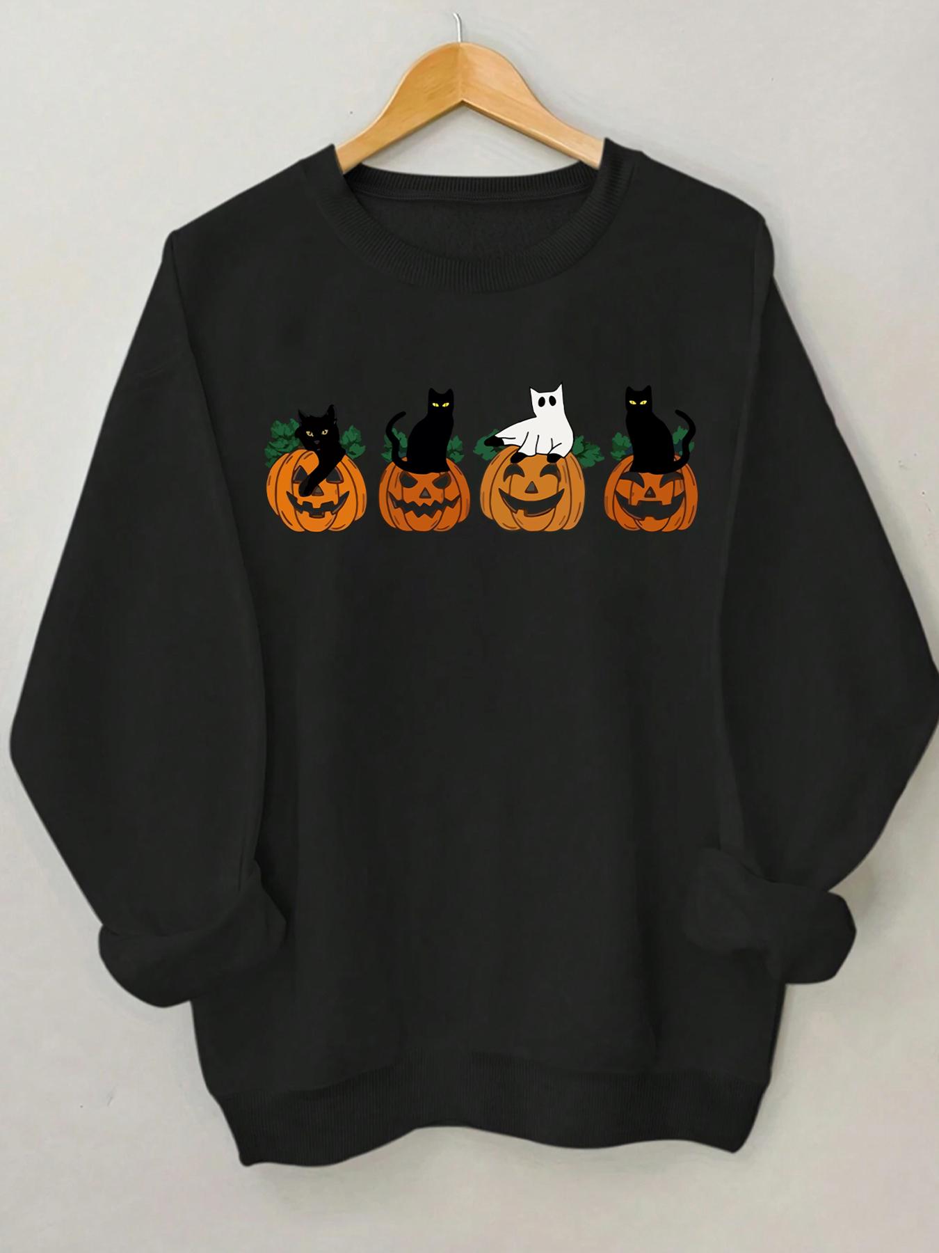 Women's Cartoon Cat & Pumpkin Print Crew Neck Sweatshirt, Casual Drop Shoulder Long Sleeve Pullover, Women's Fall & Winter Clothes for Daily Wear, Halloween
