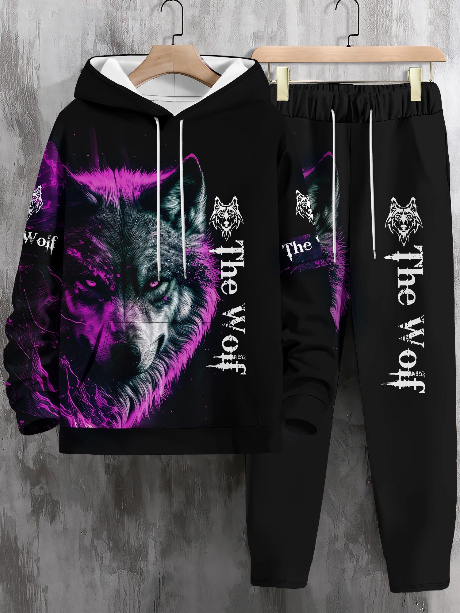 Men's Plus Size Hoodie and Sweatpants Set, 3D Wolf Pattern, Casual ...