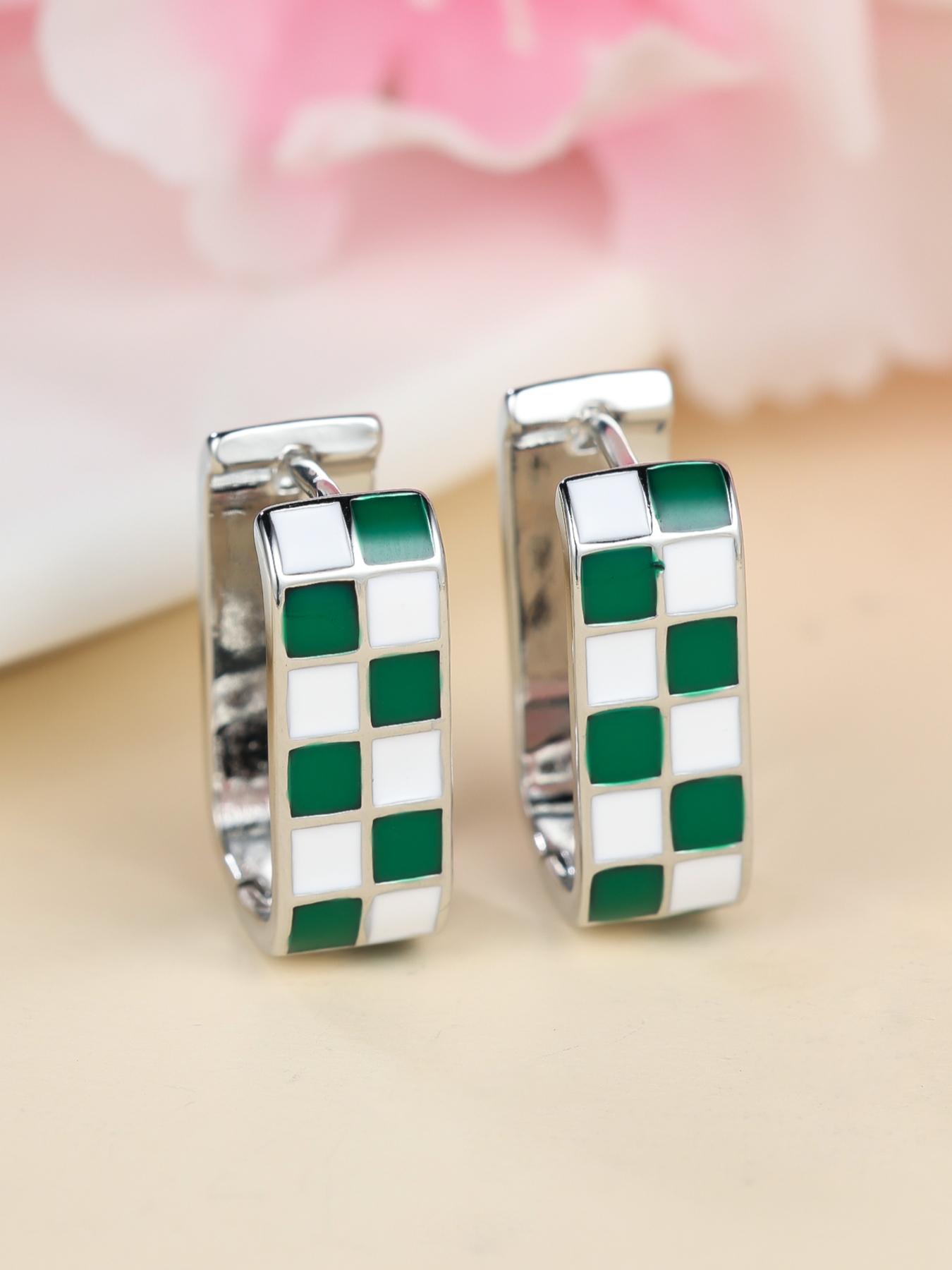 Checkerboard Pattern Hoop Earrings, Fashionable Casual Enamel Drip Earring Clip for Women for Party, Daily Decor, Trendy All-match & Exquisite Jewelry for Gift, High Quality Earrings