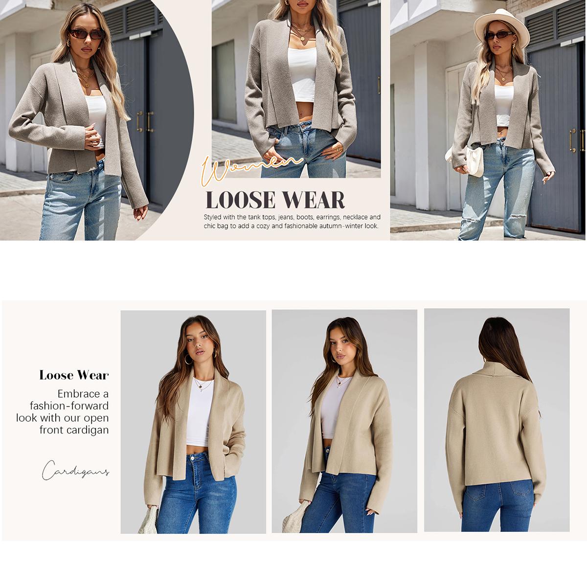 JovenPara Women's Cropped Cardigan Open Front Shawl Trendy Long Sleeve Sweater Jacket Soft Knitwear Basic Tops