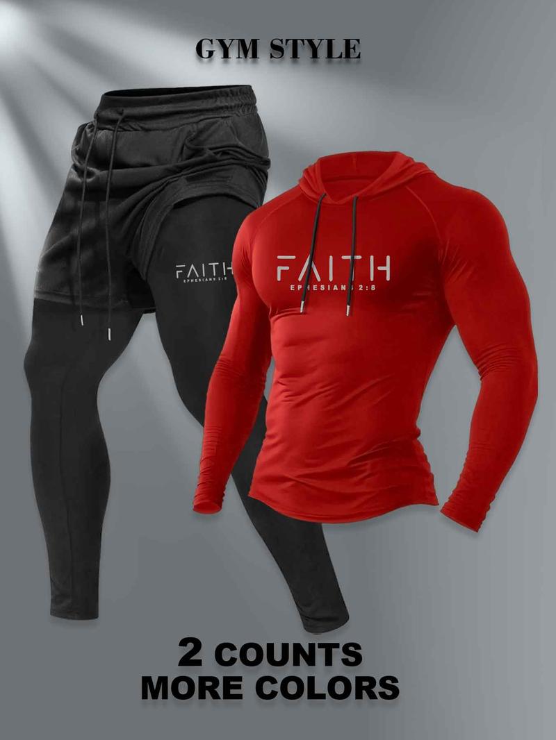 Men's Hooded Long Sleeve T-Shirt + Faux Two-Piece Pants Set, Casual Fall & Winter, Moderate Fabric, Fitted Style