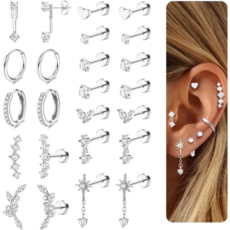 Hypoallergenic Surgical Steel Flat Back Earrings Set - Lightweight Minimalist Hoops Studs for Sensitive Ears, Multiple Piercings, Daily Wear, Helix Tragus Conch Daith Cartilage Stacks