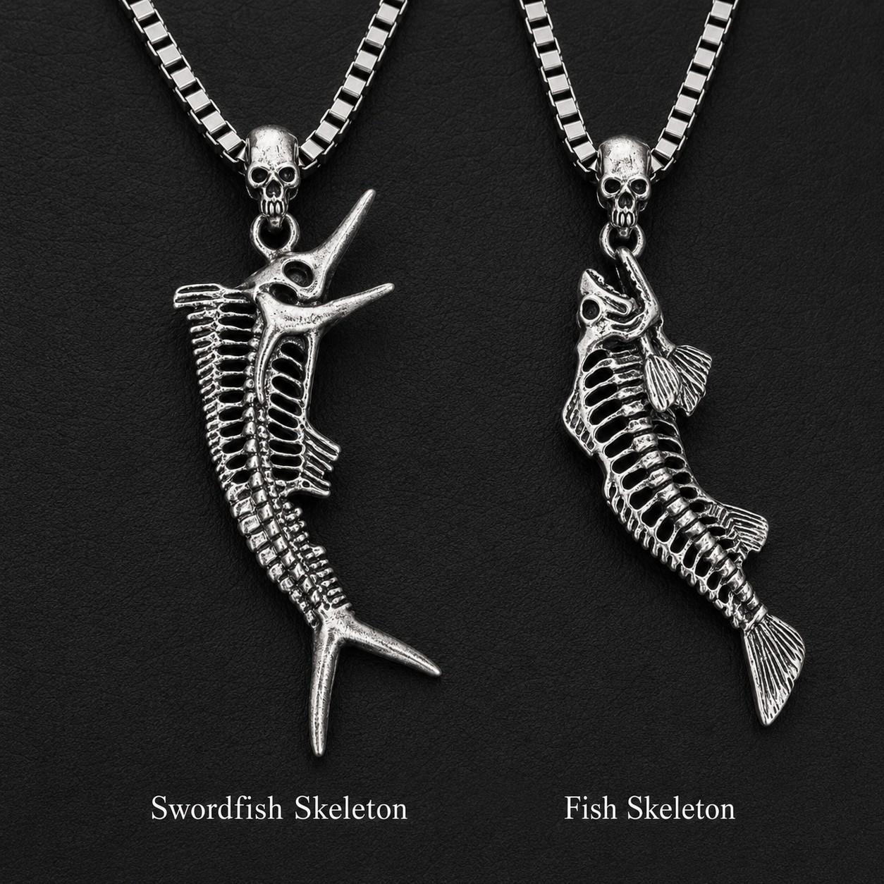 Vintage Gothic Oversized Alloy Metal Fish Skeleton Necklace for Male Wear - Elongated Form Silver-Tone Fossil Fish Skull Pendant, 23.62in Chain for Everyday Use