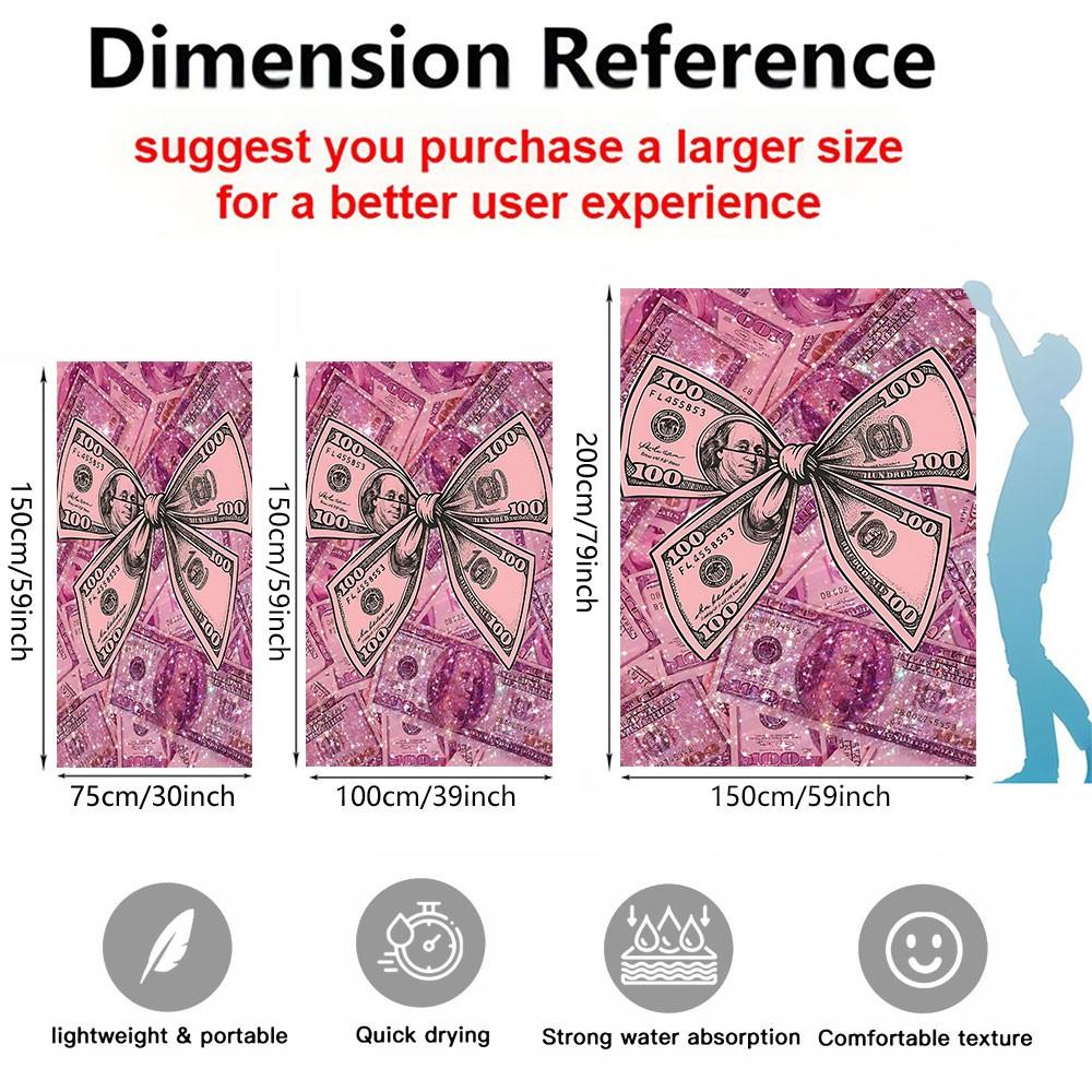Printed Microfiber Beach Towel - Luxury Pink Dollar Bow Aesthetic Beach Towel - Soft & Absorbent Digital Print Microfiber Bath Towel for Pool, Travel, Yoga, and Vacation - Lightweight Multipurpose Oversized Towel for Summer Beach Days and Home Decor.